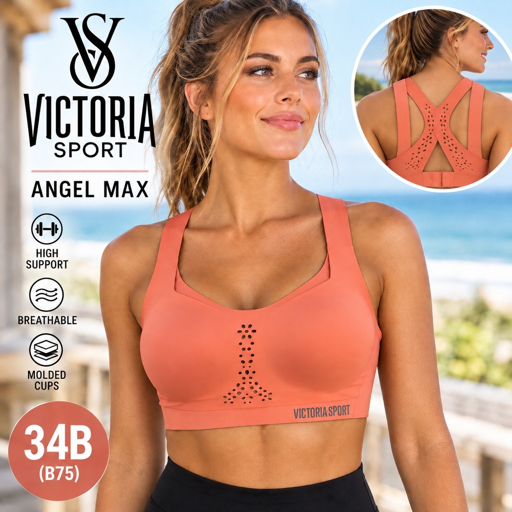 Victoria Sport Angel Max Sports Bra Women 34B Coral Racerback High Impact Yoga - Picture 1 of 11